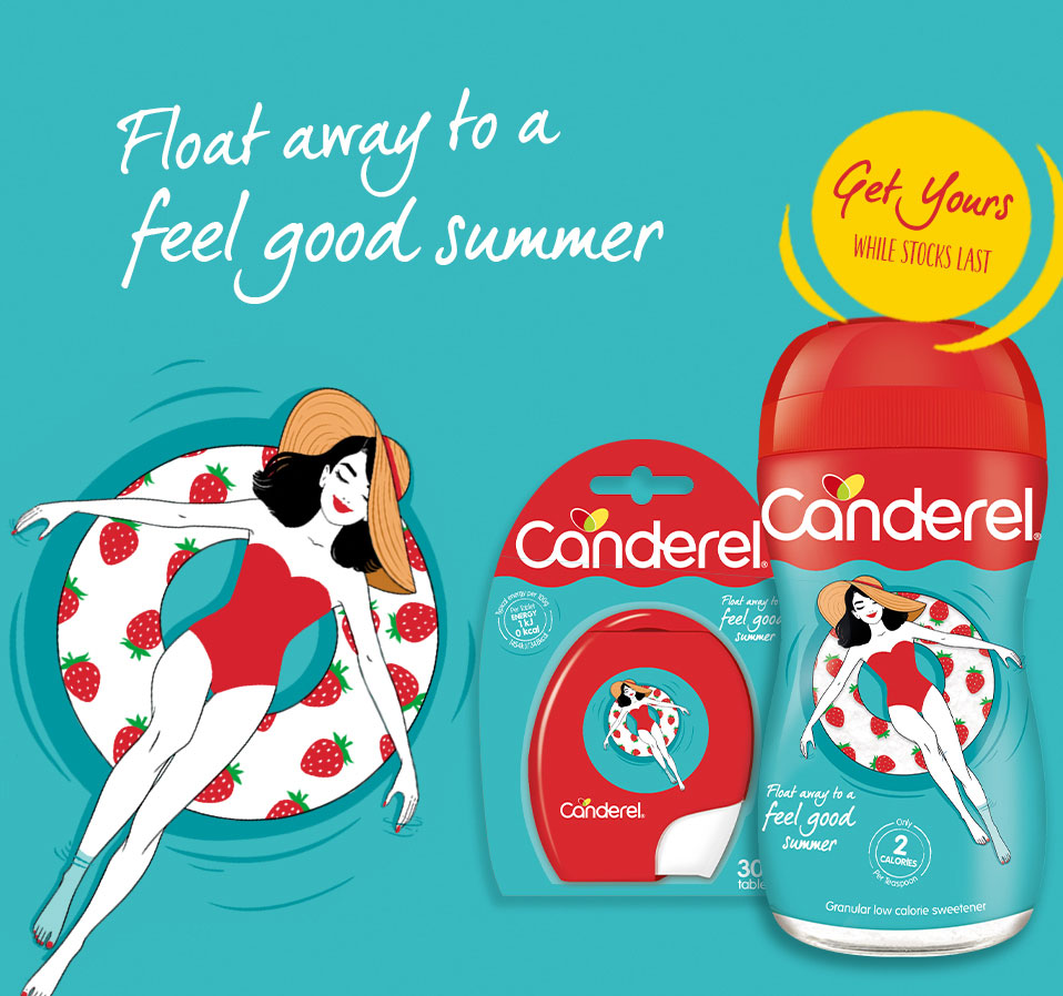 Float away to a feel good summer. Canderella on a rubber ring with Canderel Summer packshots