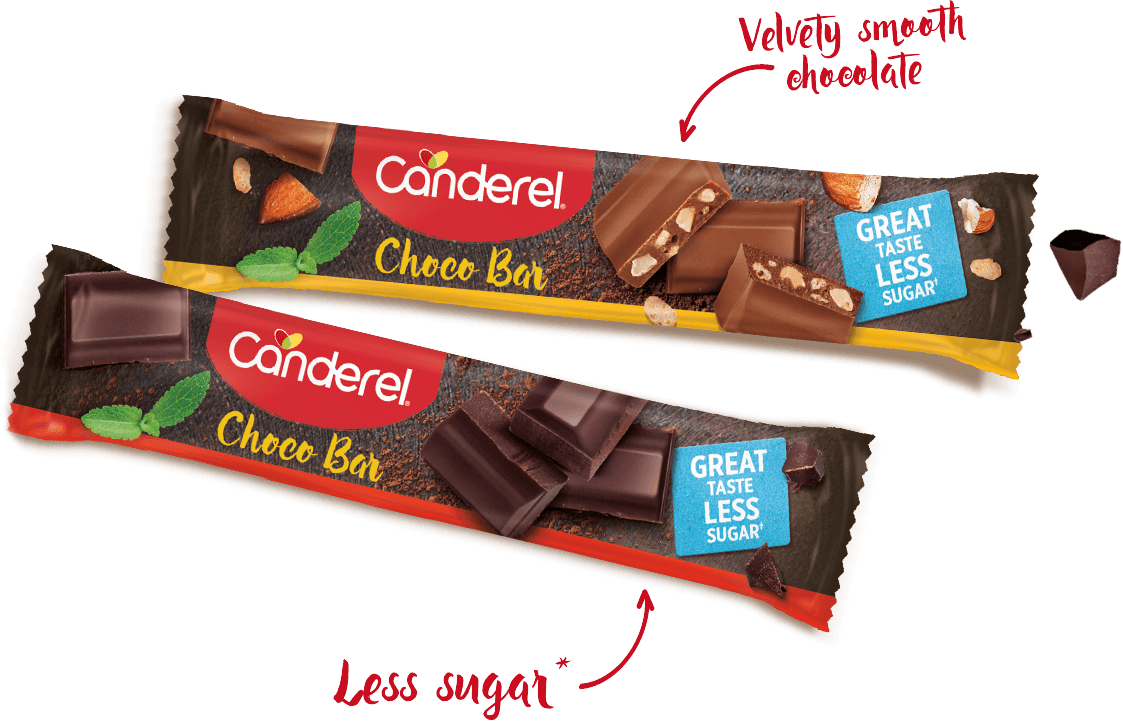 canderel chocolate bars, velvety smooth chocolate, less sugar